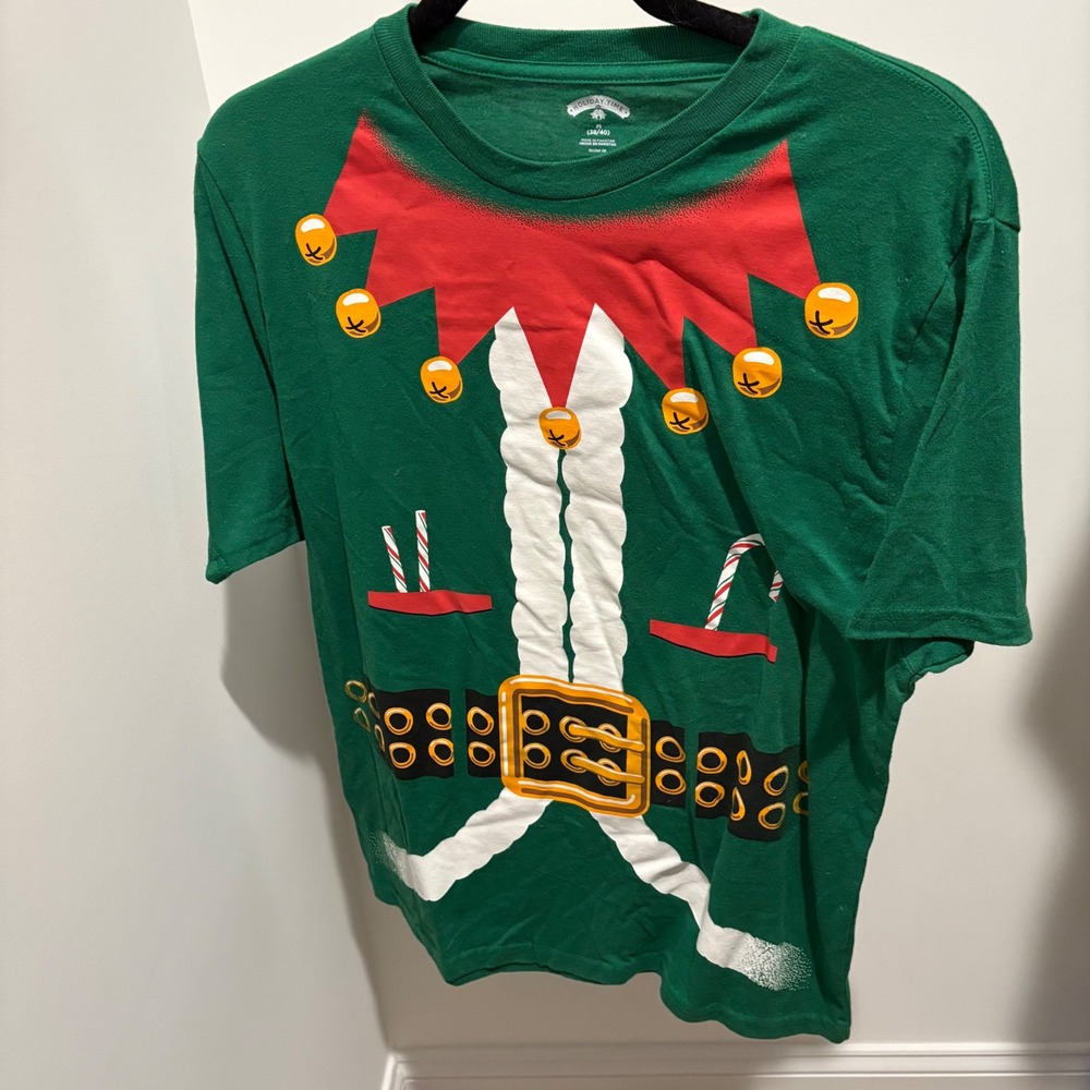 Holiday Time Men's Medium 38/40 Elf Costume T‎ Shirt Green Holiday Party Tee